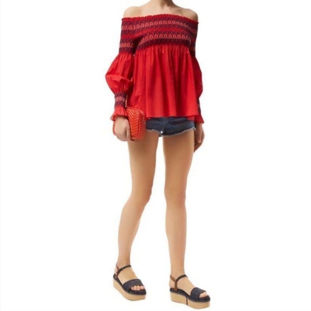 maje Red and Navy Smocked Off-the-Shoulder Cotton Blouse Size 1/Small
